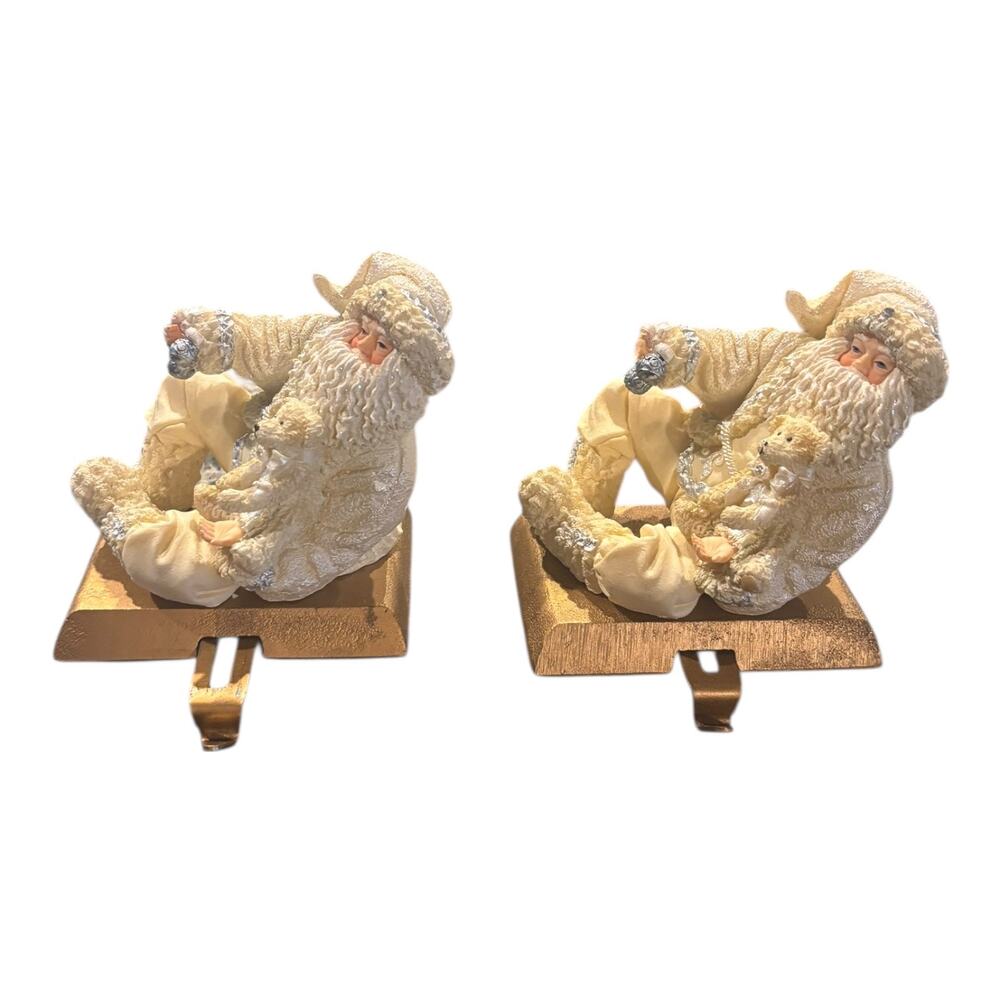 Vintage Style White Santa Holiday Stock Holders Gold Trim Set of 2
